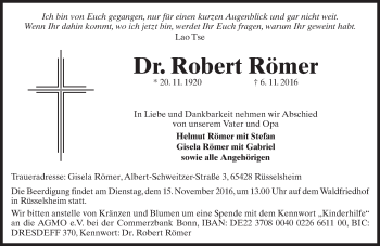 Traueranzeige von Robert Römer von Trauerportal Rhein Main Presse