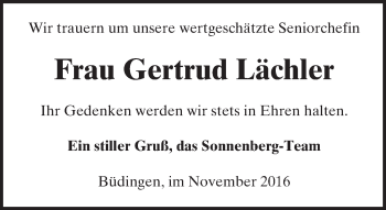 Traueranzeige von Gertrud Lächler von  Kreisanzeiger