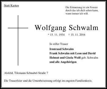 Traueranzeige von Wolfgang Schwalm von VRM Trauer