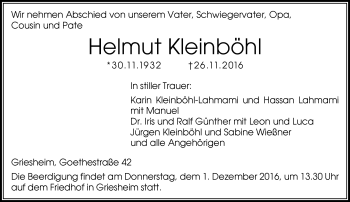 Traueranzeige von Helmut Kleinböhl von Trauerportal Echo Online