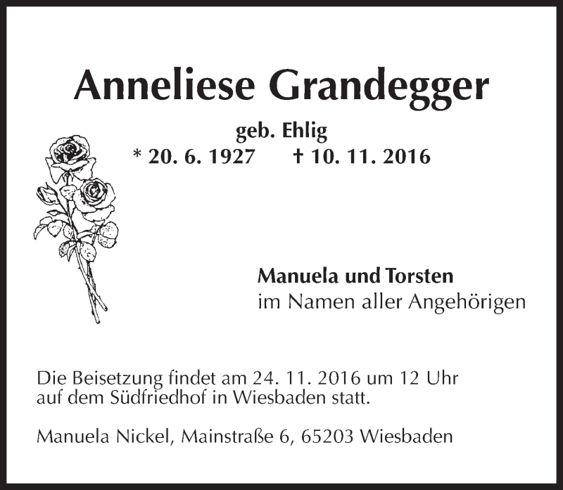 Traueranzeige für Anneliese Grandegger vom 19.11.2016 aus Trauerportal Rhein Main Presse