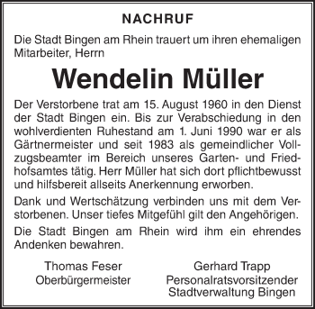 Traueranzeige von Wendelin Müller von Trauerportal Rhein Main Presse