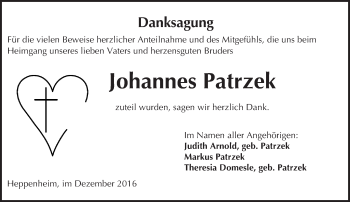 Traueranzeige von Johannes Patrzek von Trauerportal Echo Online