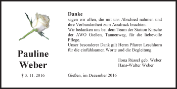 Traueranzeige von Pauline Weber von  Gießener Anzeiger