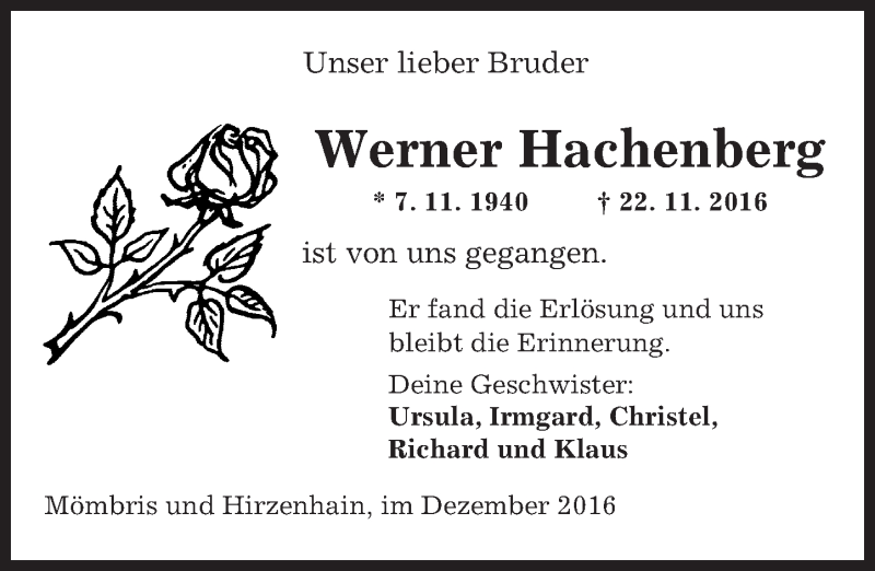  Traueranzeige für Werner Hachenberg vom 17.12.2016 aus  Kreisanzeiger