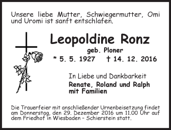 Traueranzeige von Leopoldine Ronz von Trauerportal Rhein Main Presse