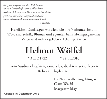 Traueranzeige von Helmut Wölfel von Trauerportal Echo Online