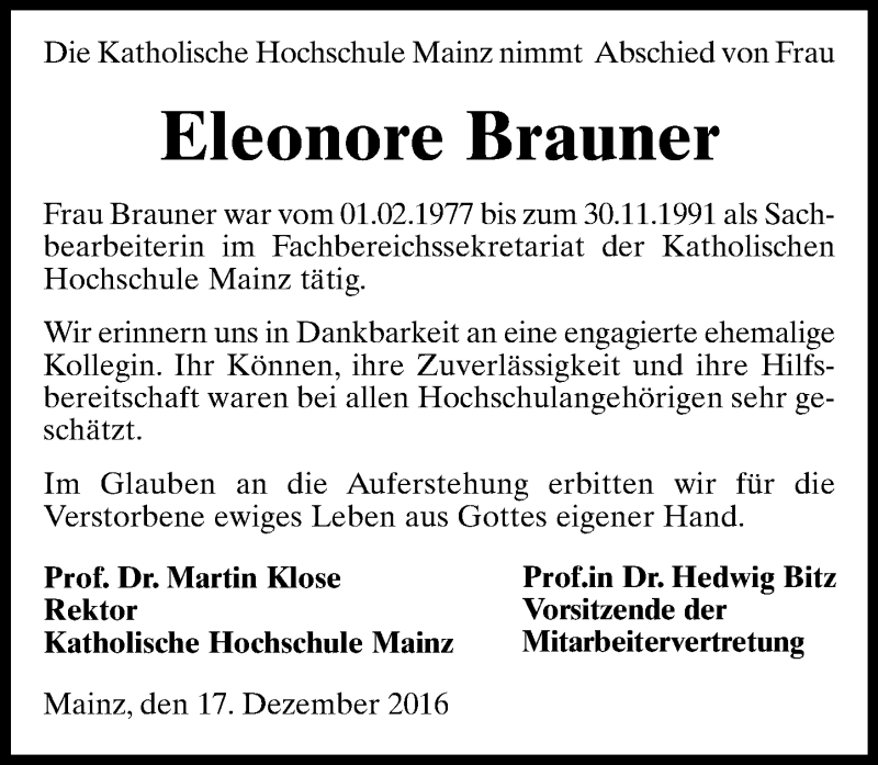  Traueranzeige für Eleonore Brauner vom 17.12.2016 aus Trauerportal Rhein Main Presse
