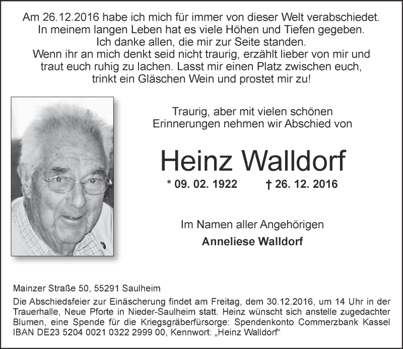  Traueranzeige für Heinz Walldorf vom 28.12.2016 aus Trauerportal Rhein Main Presse