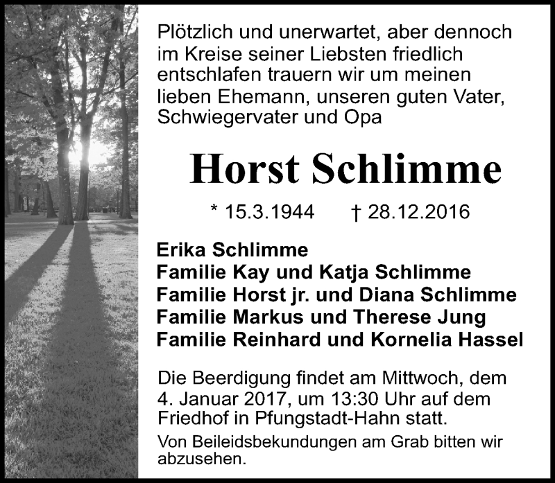  Traueranzeige für Horst Schlimme vom 31.12.2016 aus Trauerportal Echo Online