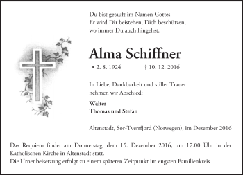 Traueranzeige von Alma Schiffner von  Kreisanzeiger