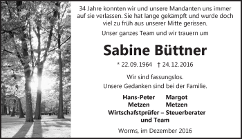 Traueranzeige von Sabine Büttner von Trauerportal Rhein Main Presse