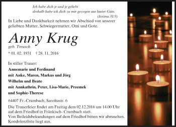 Traueranzeige von Anny Krug von Trauerportal Echo Online