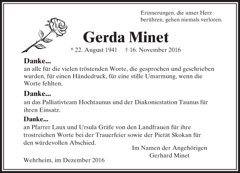  Traueranzeige für Gerda Minet vom 03.12.2016 aus  Usinger Anzeiger