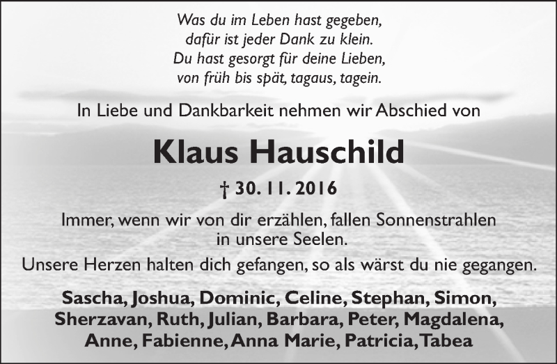  Traueranzeige für Klaus Hauschild vom 07.12.2016 aus Trauerportal Rhein Main Presse