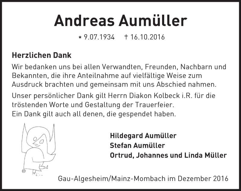  Traueranzeige für Andreas Aumüller vom 10.12.2016 aus Trauerportal Rhein Main Presse