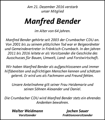 Traueranzeige von Manfred Bender von Trauerportal Echo Online