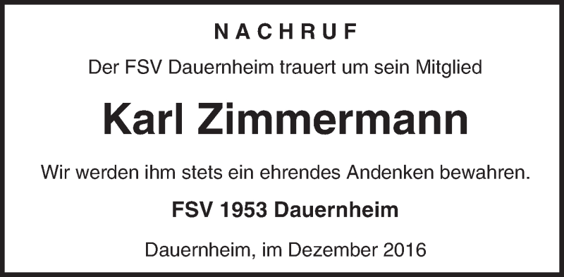  Traueranzeige für Karl Zimmermann vom 30.12.2016 aus  Kreisanzeiger