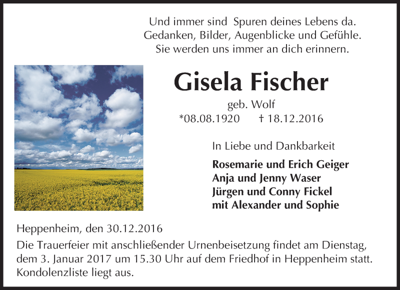  Traueranzeige für Gisela Fischer vom 30.12.2016 aus Trauerportal Echo Online