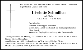 Traueranzeige von Liselotte Schmillen von  Gießener Anzeiger