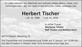 Traueranzeige von Herbert Tischer von Trauerportal Echo Online