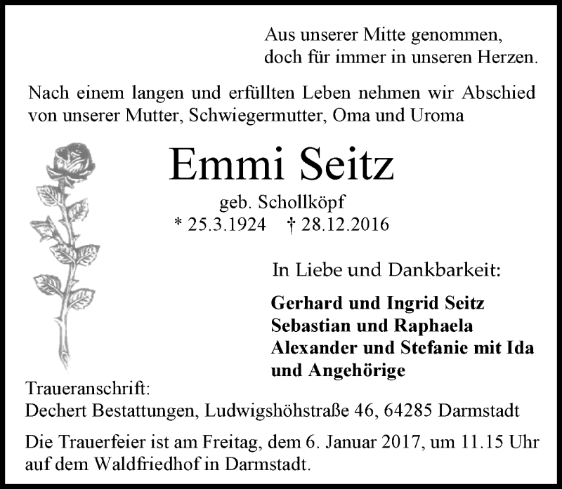  Traueranzeige für Emmi Seitz vom 31.12.2016 aus Trauerportal Echo Online