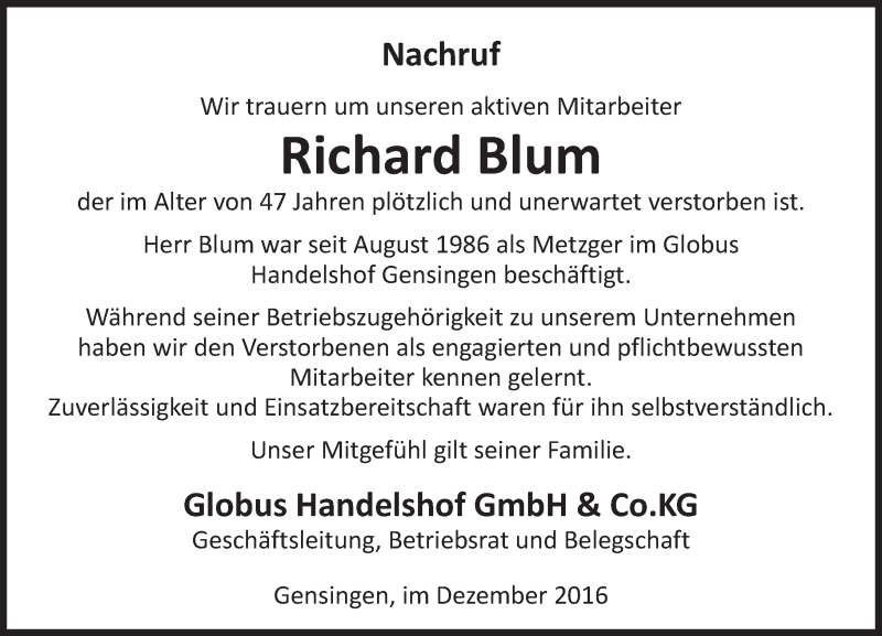  Traueranzeige für Richard Blum vom 07.12.2016 aus Trauerportal Rhein Main Presse