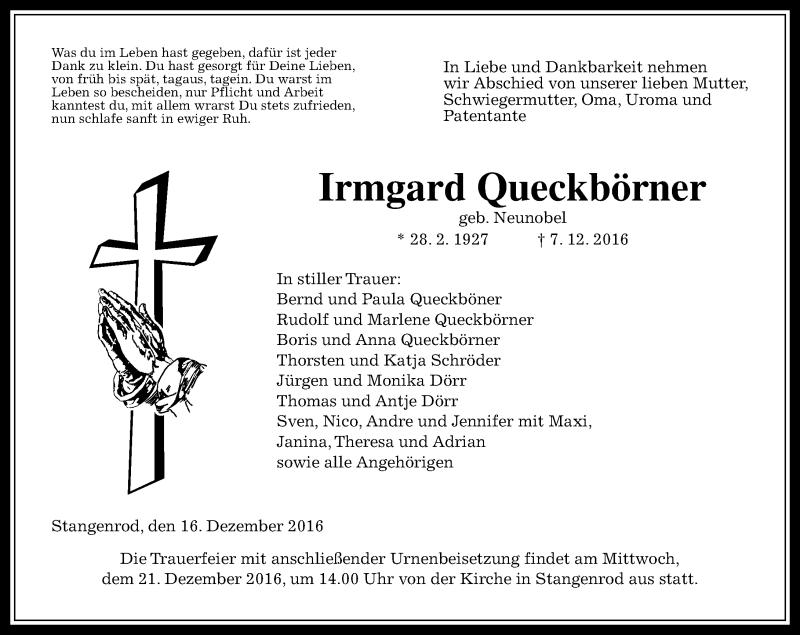  Traueranzeige für Irmgard Queckbörner vom 16.12.2016 aus  Gießener Anzeiger