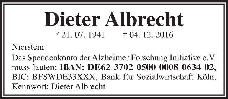  Traueranzeige für Dieter Albrecht vom 23.12.2016 aus Trauerportal Rhein Main Presse