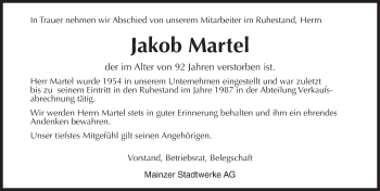 Traueranzeige von Jakob Martel von Trauerportal Rhein Main Presse