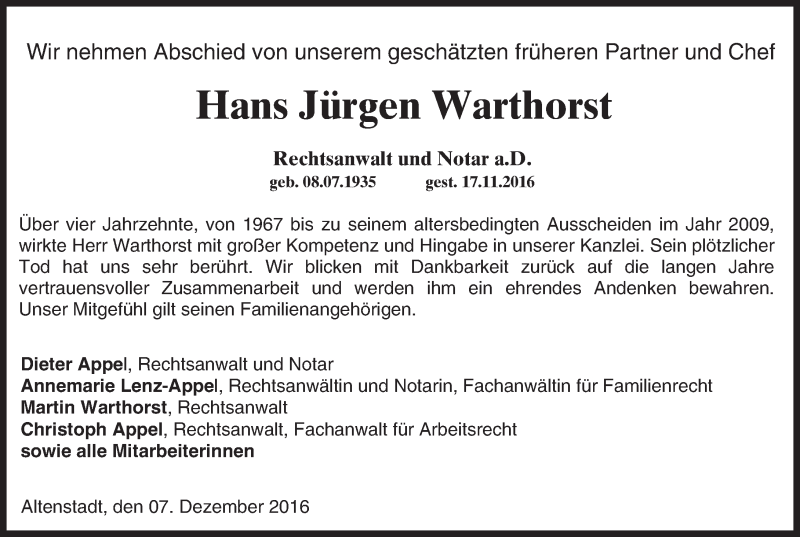  Traueranzeige für Hans Jürgen Warthorst vom 07.12.2016 aus  Kreisanzeiger