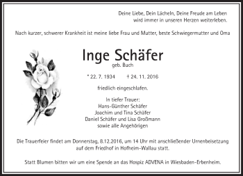Traueranzeige von Inge Schäfer von Trauerportal Rhein Main Presse