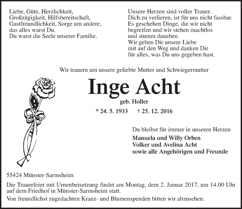  Traueranzeige für Inge Acht vom 31.12.2016 aus Trauerportal Rhein Main Presse