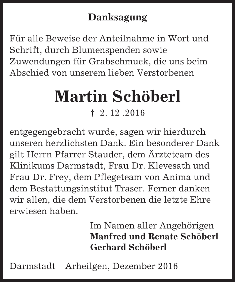  Traueranzeige für Martin Schöberl vom 17.12.2016 aus Trauerportal Echo Online