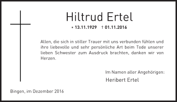 Traueranzeige von Hiltrud Ertel von Trauerportal Rhein Main Presse