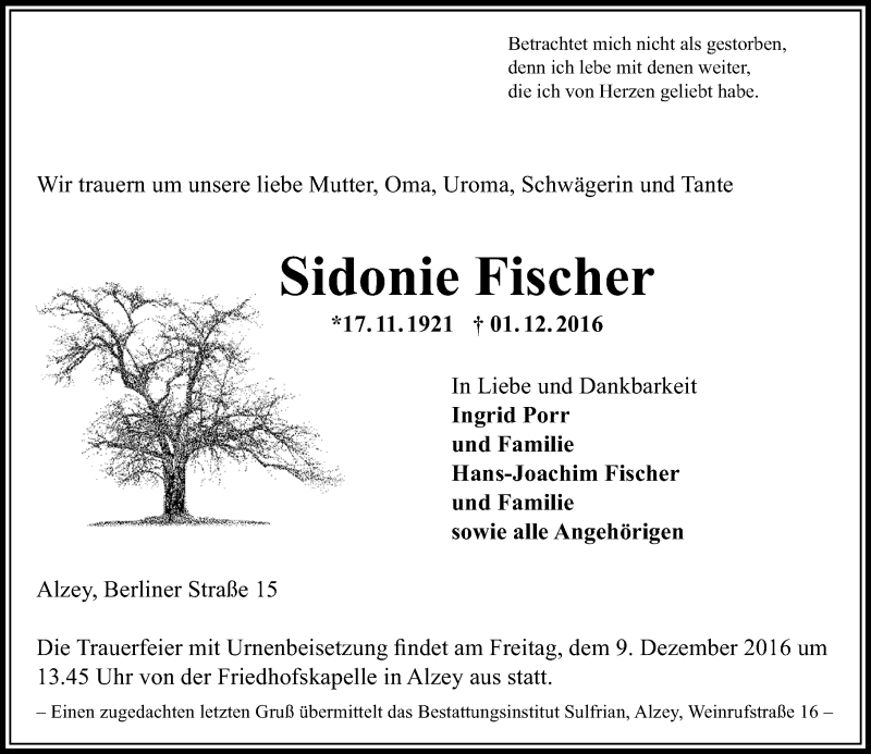  Traueranzeige für Sidonie Fischer vom 05.12.2016 aus  Allgemeine Zeitung Alzey
