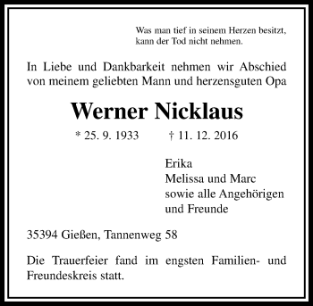 Traueranzeige von Werner Nicklaus von  Gießener Anzeiger
