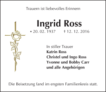 Traueranzeige von Ingrid Ross von Trauerportal Echo Online