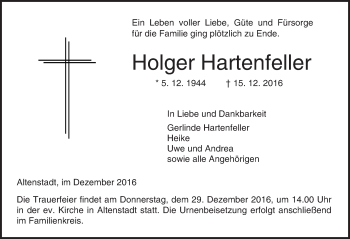 Traueranzeige von Holger Hartenfeller von  Kreisanzeiger