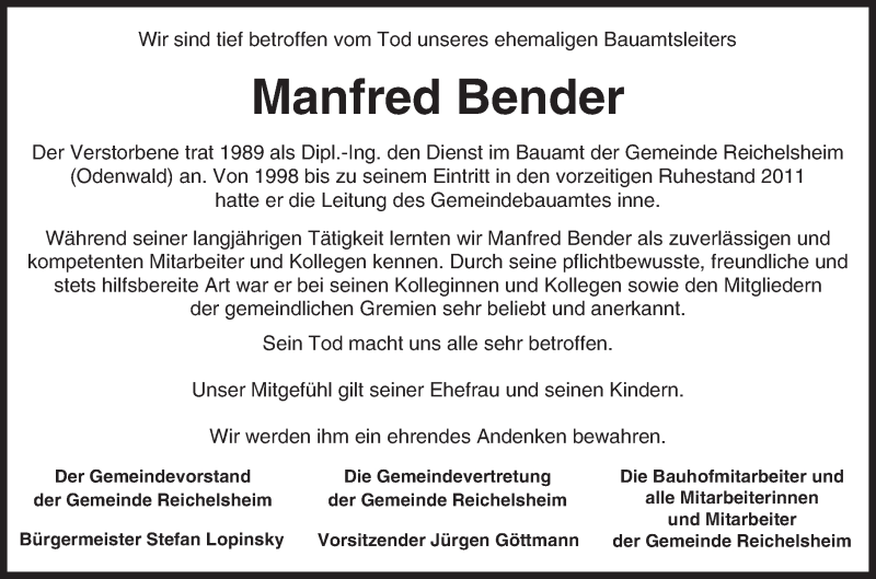  Traueranzeige für Manfred Bender vom 24.12.2016 aus Trauerportal Echo Online