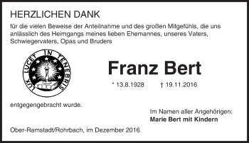 Traueranzeige von Franz Bert von Trauerportal Echo Online