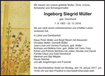 Traueranzeige von Ingeborg Siegrid Müller von Trauerportal Echo Online