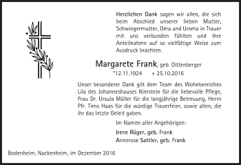 Traueranzeige von Margarete Frank von Trauerportal Rhein Main Presse