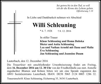 Traueranzeige von Willi Schleuning von VRM Trauer