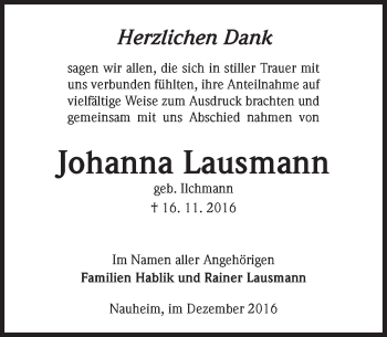 Traueranzeige von Johanna Lausmann von Trauerportal Echo Online