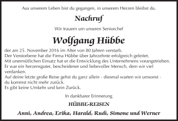 Traueranzeige von Wolfgang Hübbe von Trauerportal Echo Online