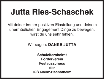 Traueranzeige von Jutta Ries-Schaschek von Trauerportal Rhein Main Presse