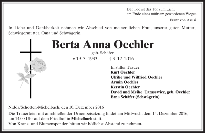  Traueranzeige für Berta Anna Oechler vom 10.12.2016 aus  Kreisanzeiger