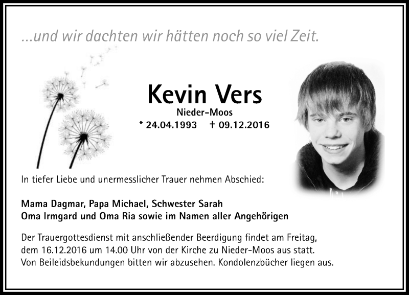  Traueranzeige für Kevin Vers vom 14.12.2016 aus VRM Trauer
