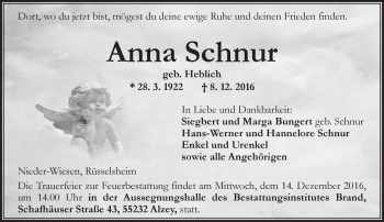 Traueranzeige von Anna Schnur von Trauerportal Rhein Main Presse